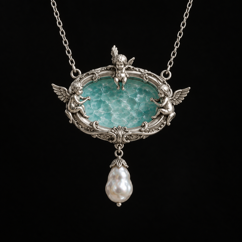 Close detail of the pool pendant on the Seraph Angel Necklace by Lil Cacti