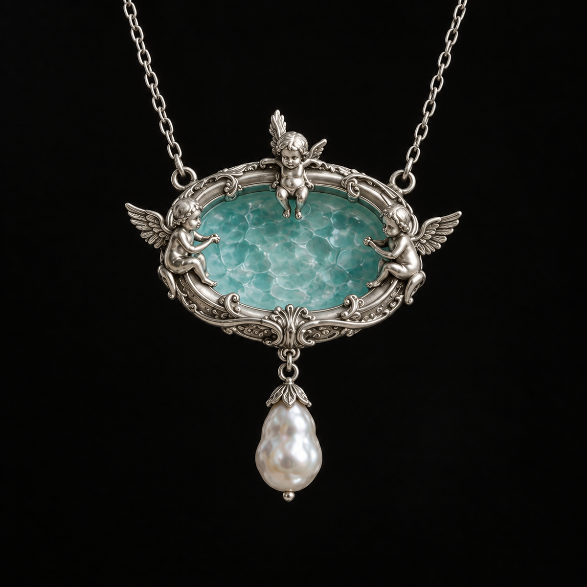 Close detail of the pool pendant on the Seraph Angel Necklace by Lil Cacti