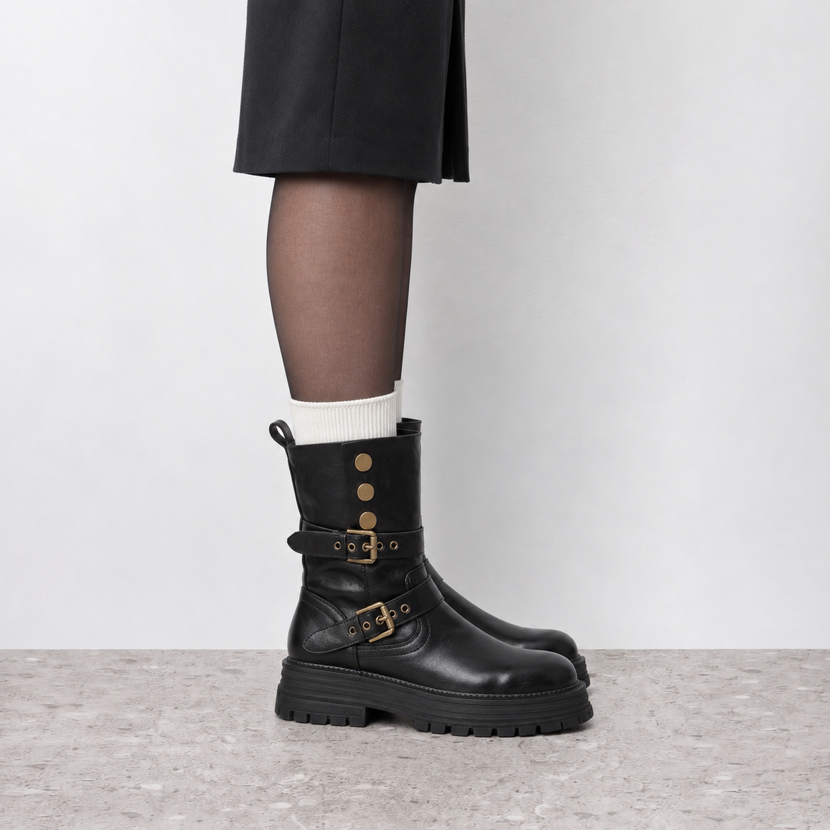 Lil Cacti Slim-Calf Mid-Calf Boots in black, model-worn view