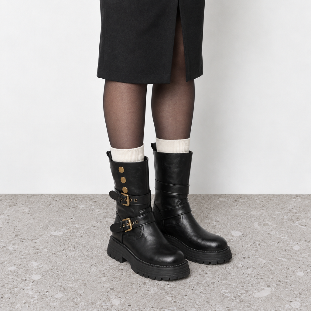 Lil Cacti Slim-Calf Mid-Calf Boots in black, model-worn view
