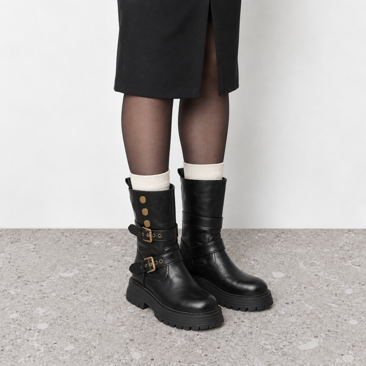 Lil Cacti Slim-Calf Mid-Calf Boots in black, model-worn view