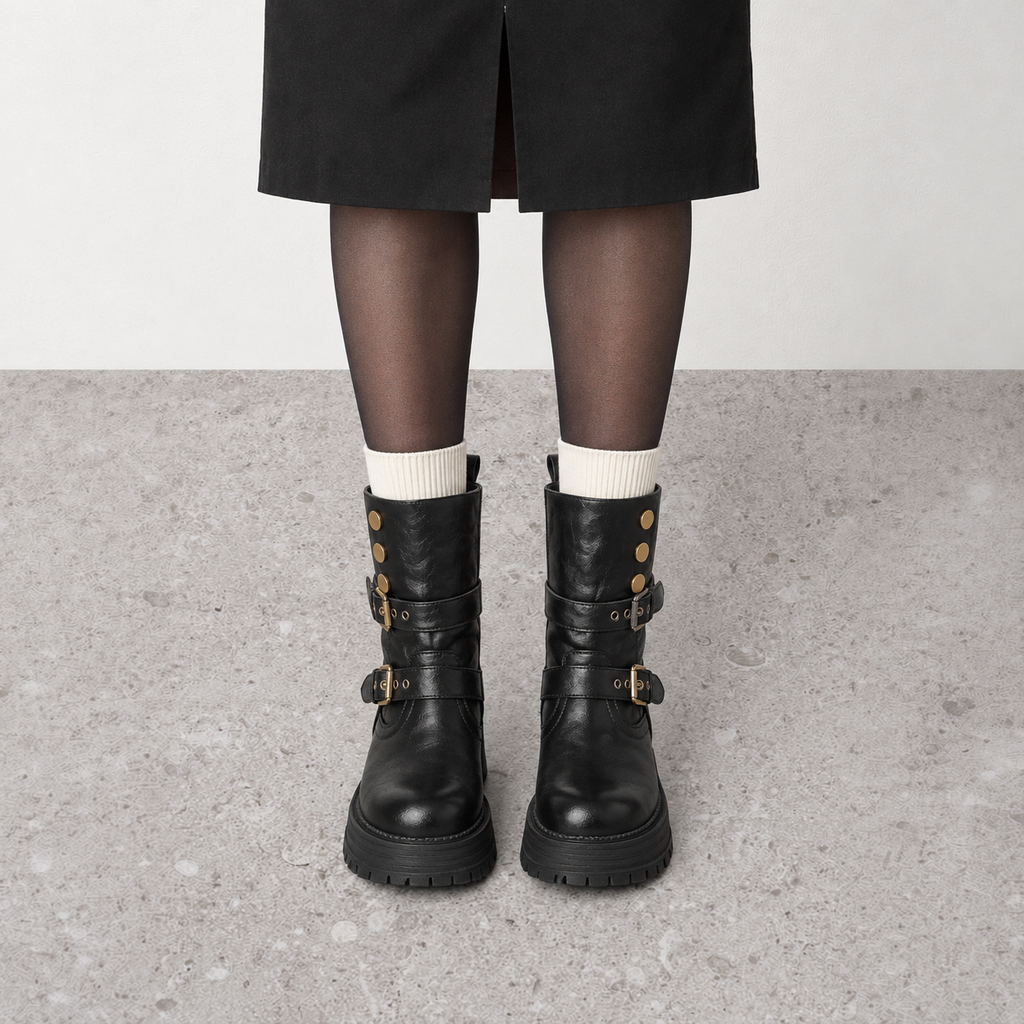 Lil Cacti Slim-Calf Mid-Calf Boots in black, model-worn view