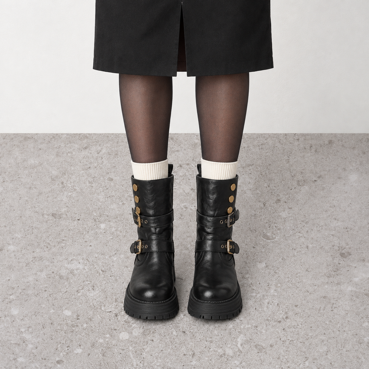 Lil Cacti Slim-Calf Mid-Calf Boots in black, model-worn view