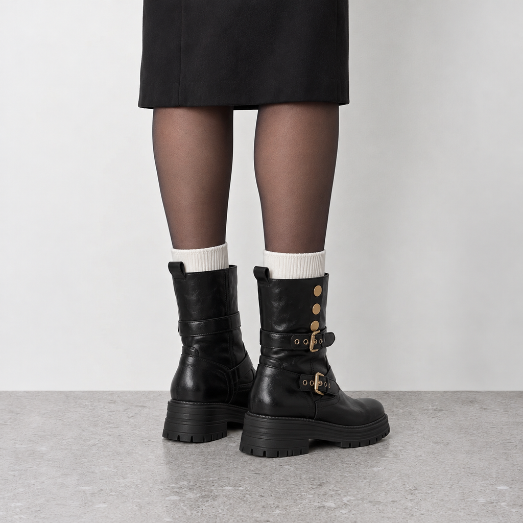 Lil Cacti Slim-Calf Mid-Calf Boots in black, model-worn view
