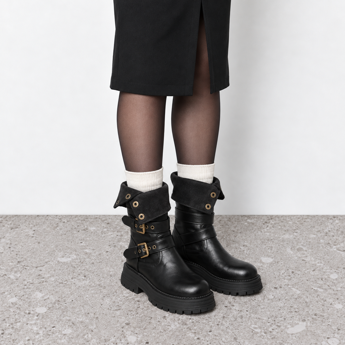 Lil Cacti Slim-Calf Mid-Calf Boots in black, model-worn view