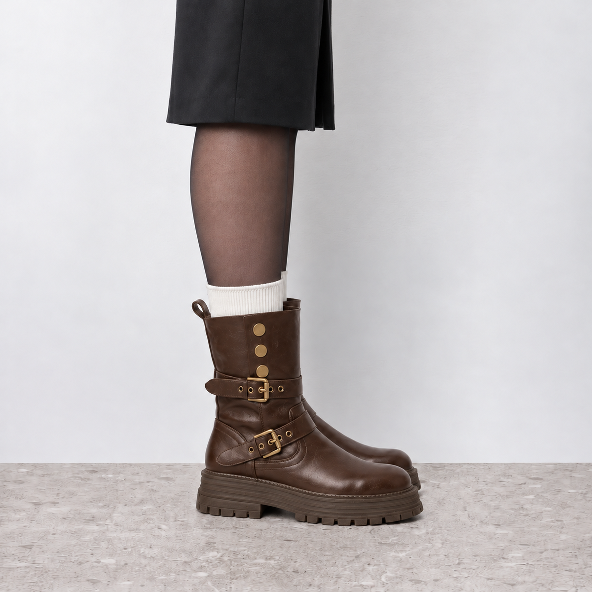 Lil Cacti Slim-Calf Mid-Calf Boots in brown, model-worn view