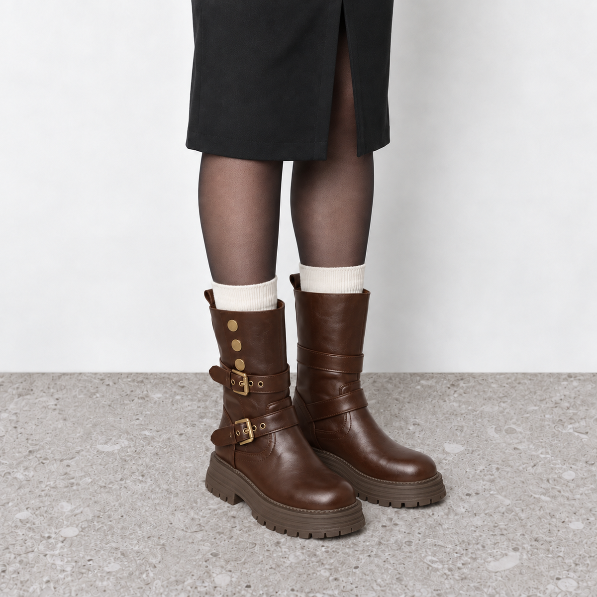 Lil Cacti Slim-Calf Mid-Calf Boots in brown, model-worn view