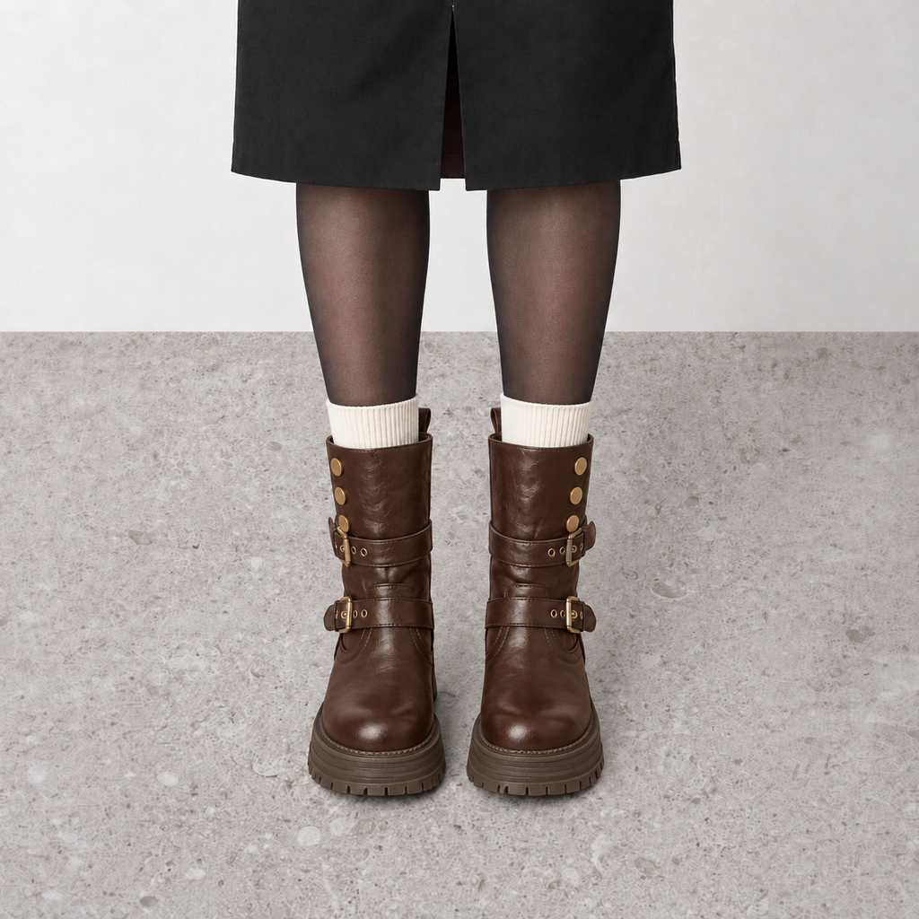 Lil Cacti Slim-Calf Mid-Calf Boots in brown, model-worn view