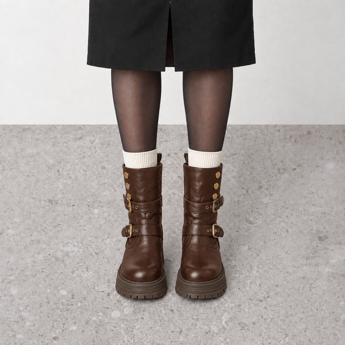 Lil Cacti Slim-Calf Mid-Calf Boots in brown, model-worn view