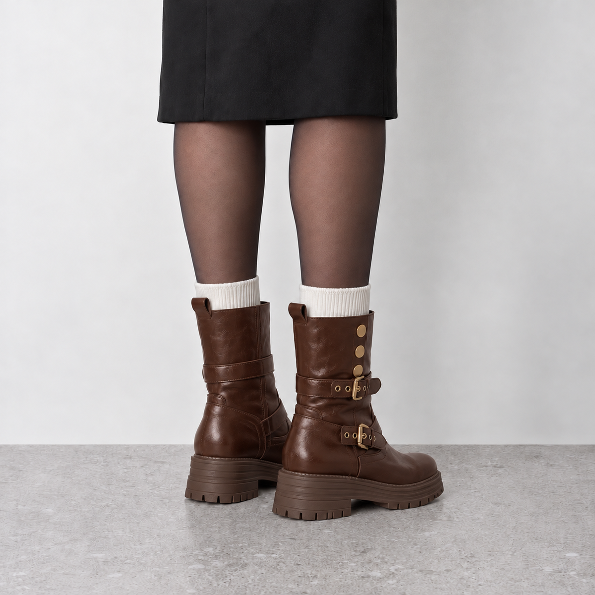 Lil Cacti Slim-Calf Mid-Calf Boots in brown, model-worn view