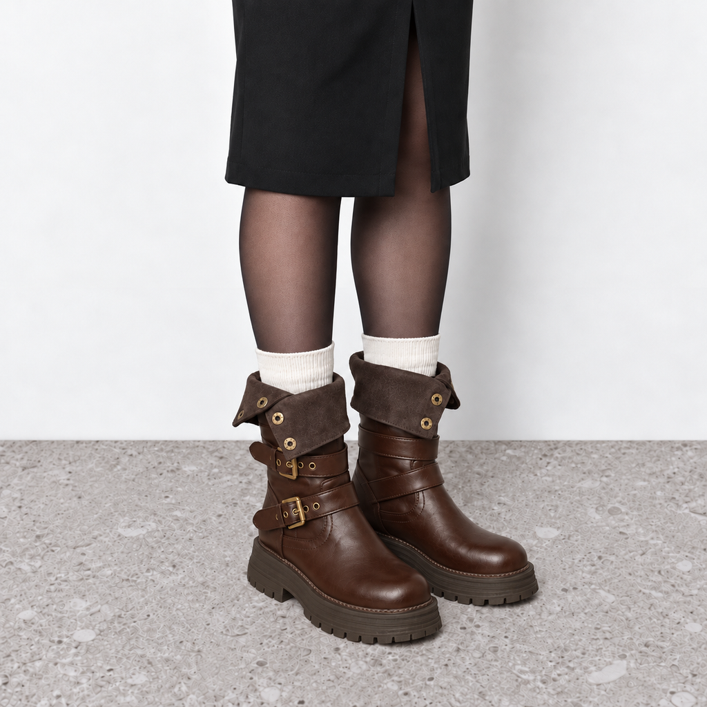 Lil Cacti Slim-Calf Mid-Calf Boots in brown, model-worn view