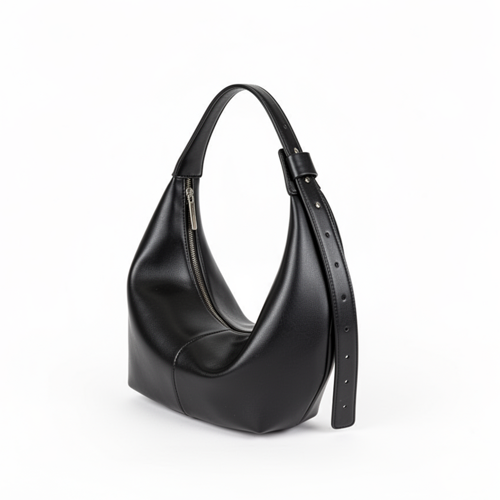Side profile of Solea mousse black crescent shoulder bag showing structured shape