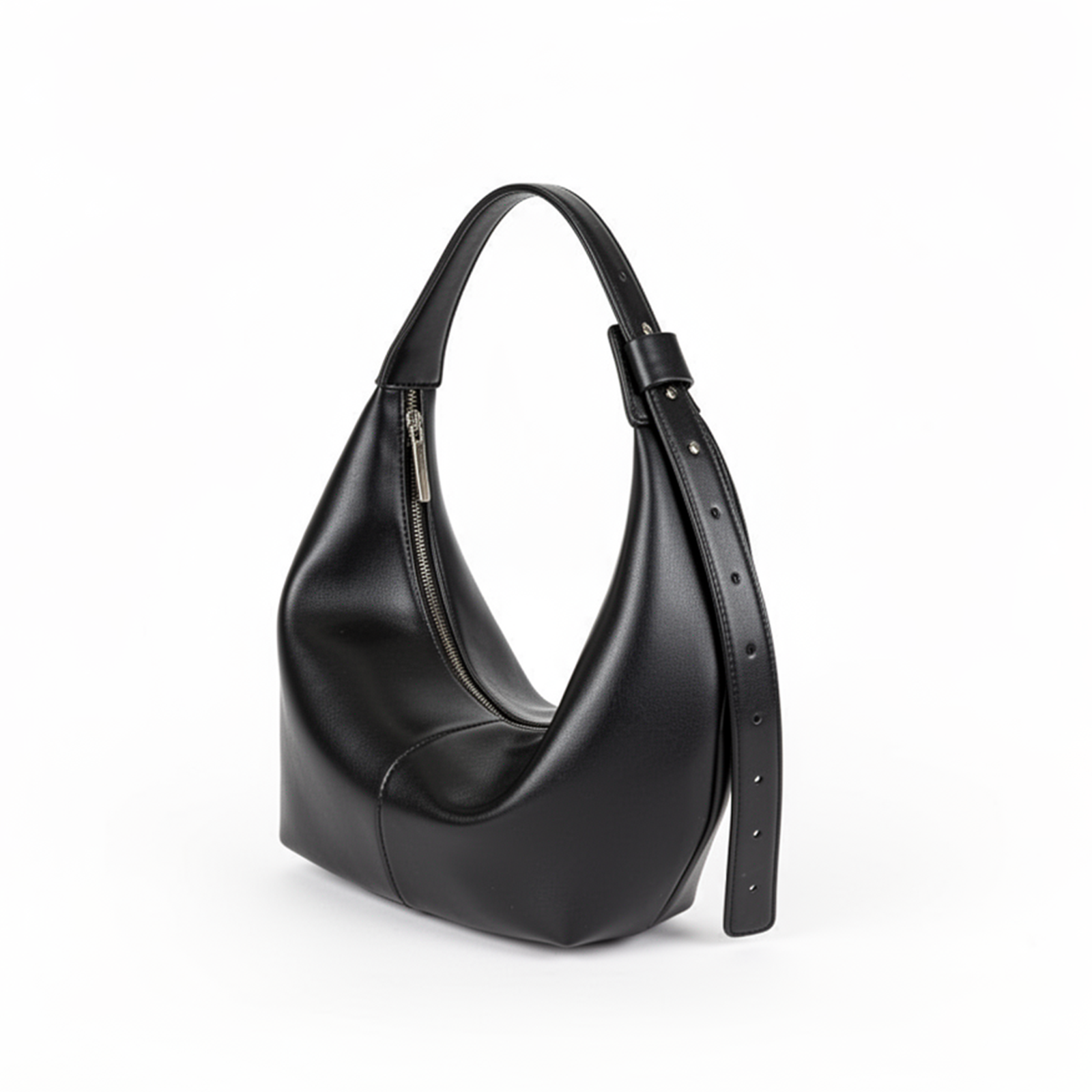 Side profile of Solea mousse black crescent shoulder bag showing structured shape