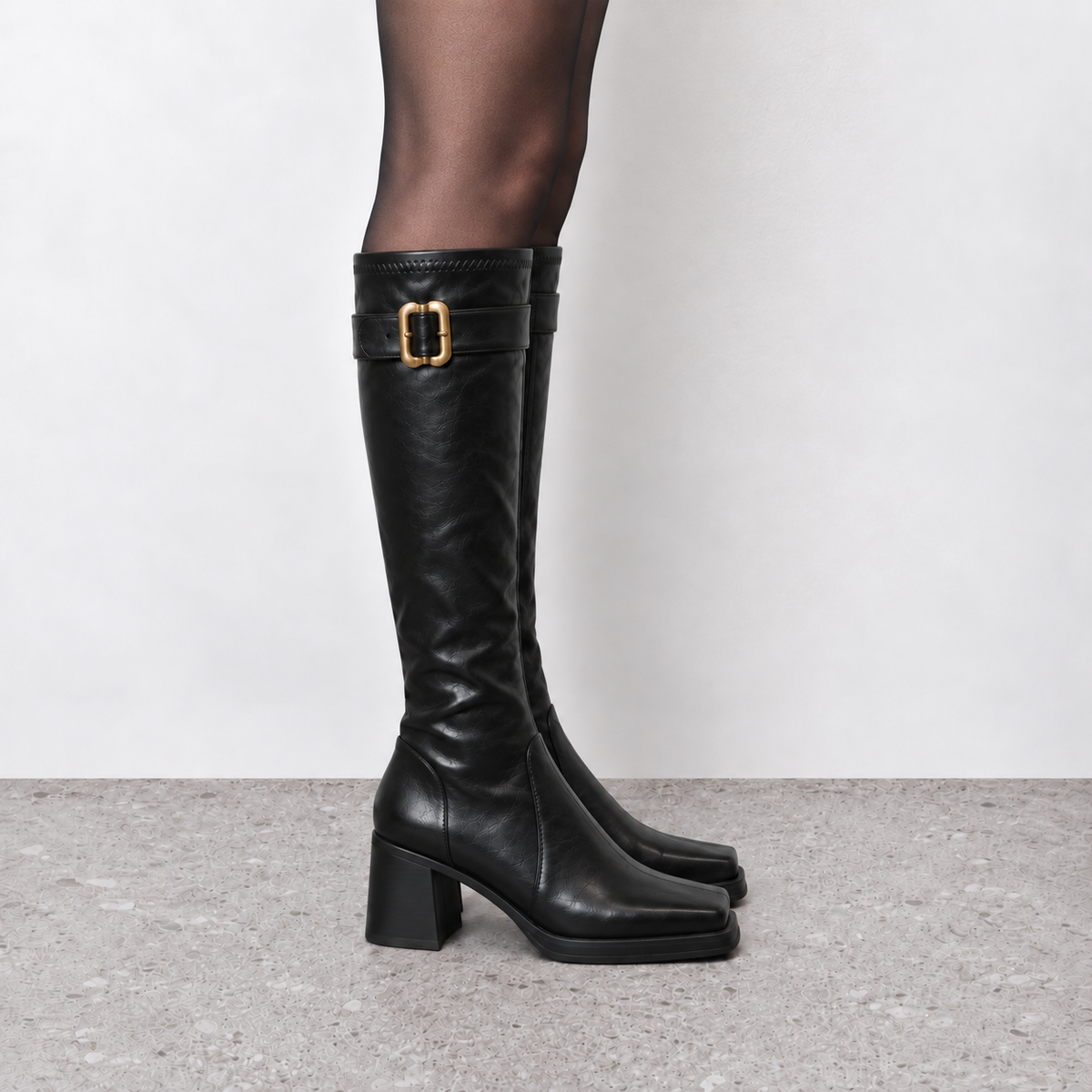 Square-Toe Buckle Knee-High Boots in black - on-foot view