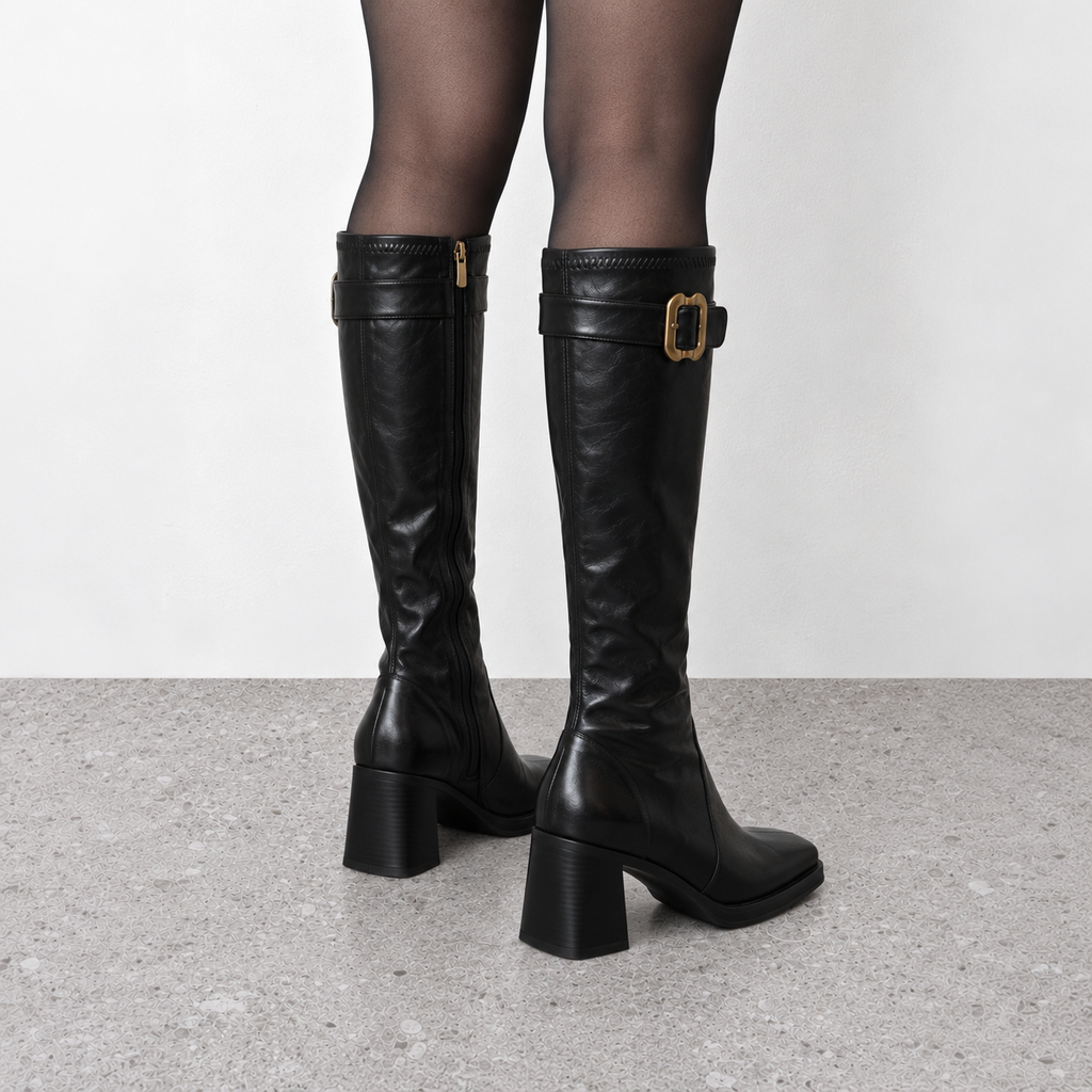 Square-Toe Buckle Knee-High Boots in black - on-foot view