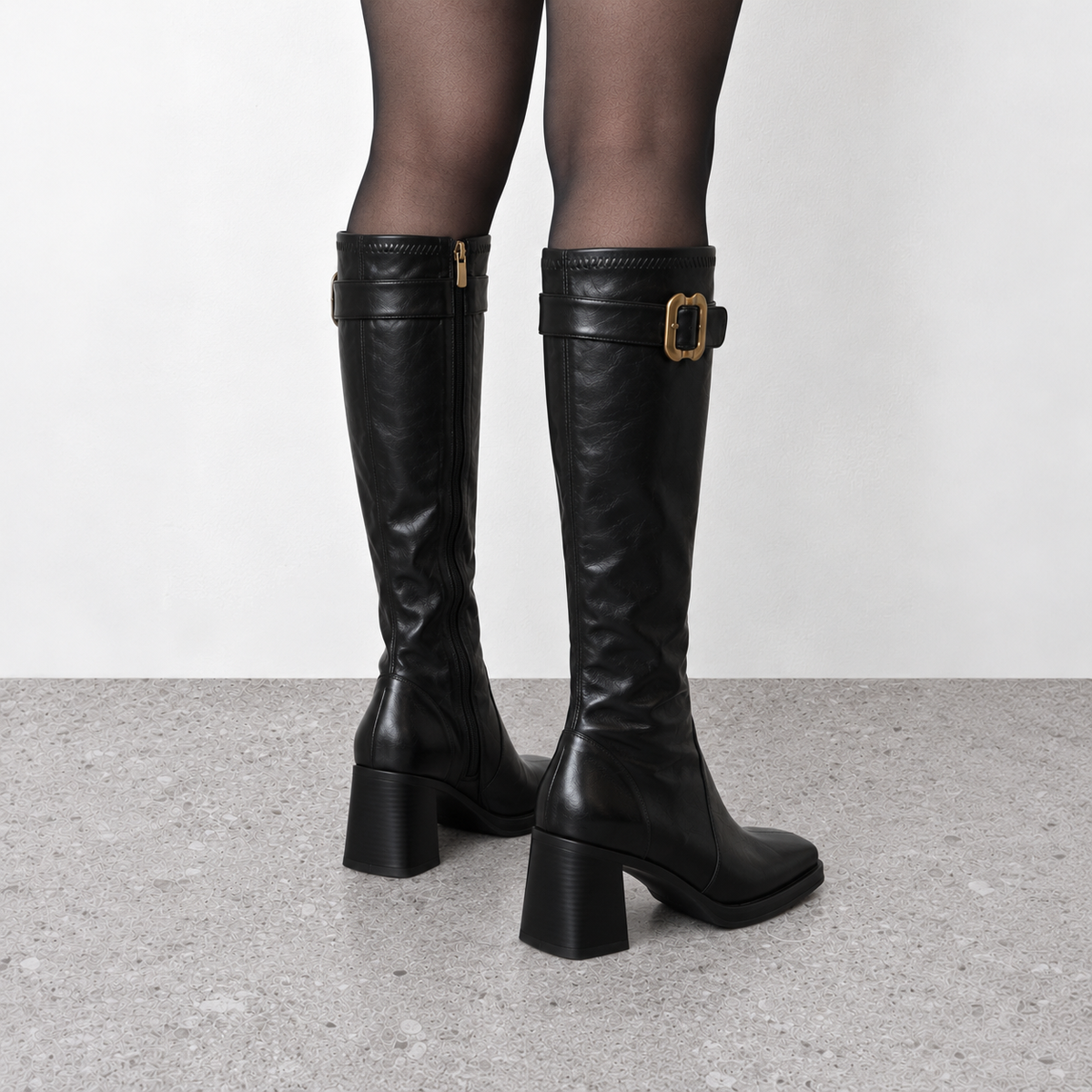 Square-Toe Buckle Knee-High Boots in black - on-foot view