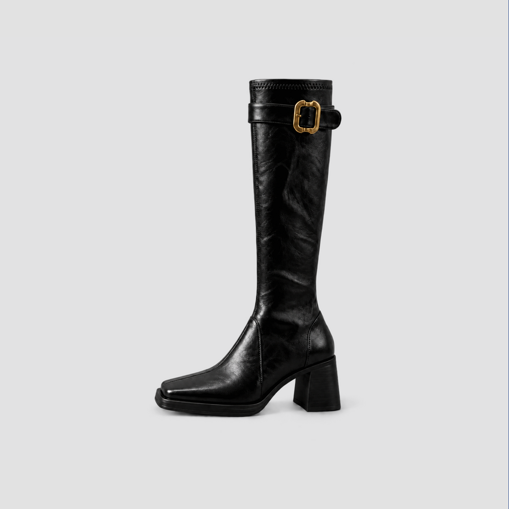 Square-Toe Buckle Knee-High Boots in black - product view