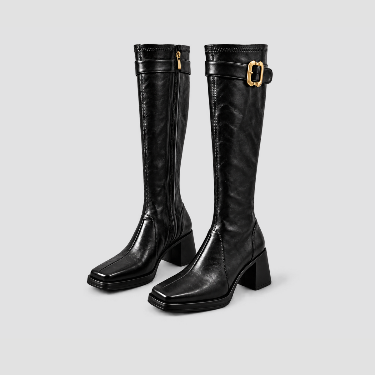 Square-Toe Buckle Knee-High Boots in black - product view