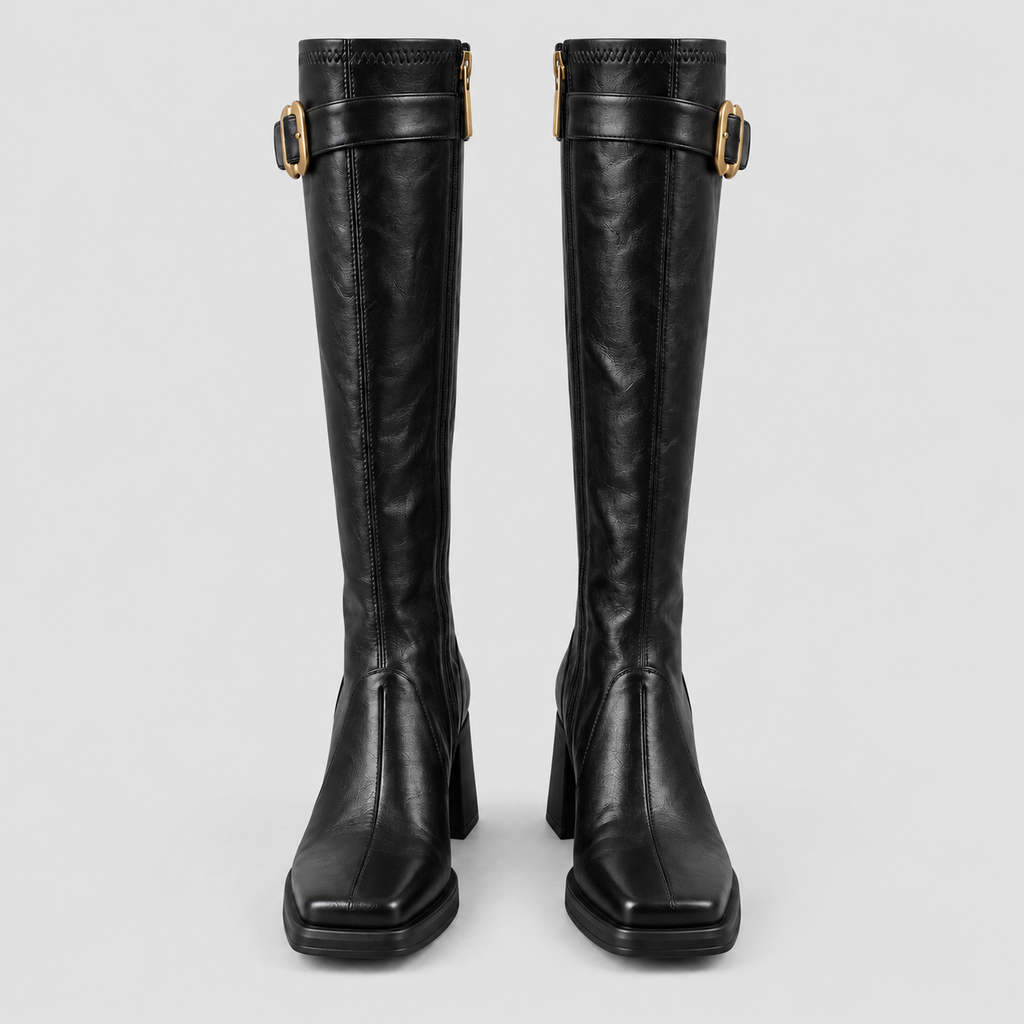 Square-Toe Buckle Knee-High Boots in black - product view