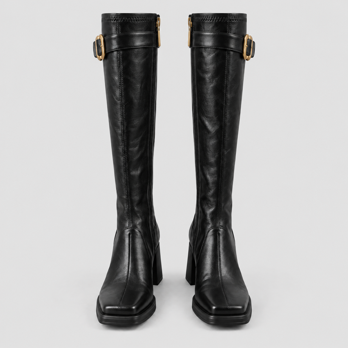 Square-Toe Buckle Knee-High Boots in black - product view