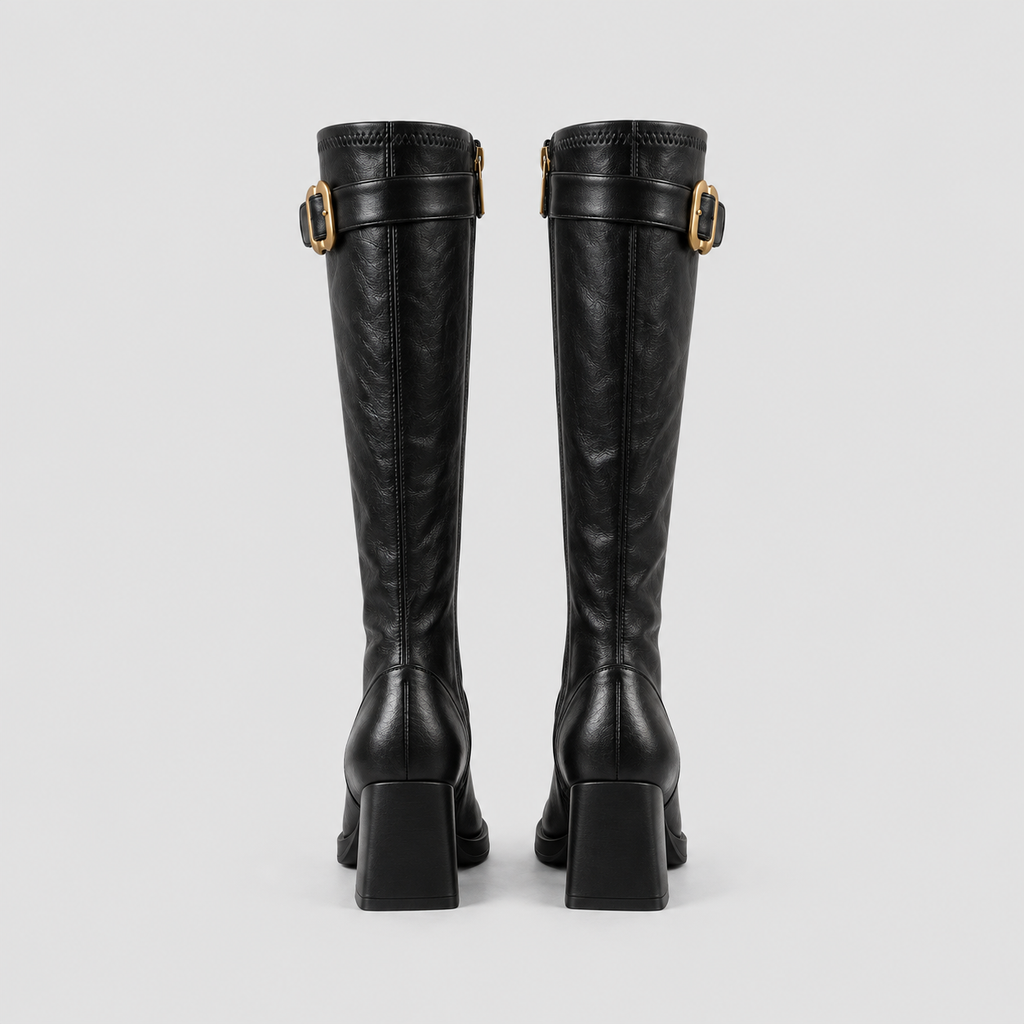 Square-Toe Buckle Knee-High Boots in black - product view