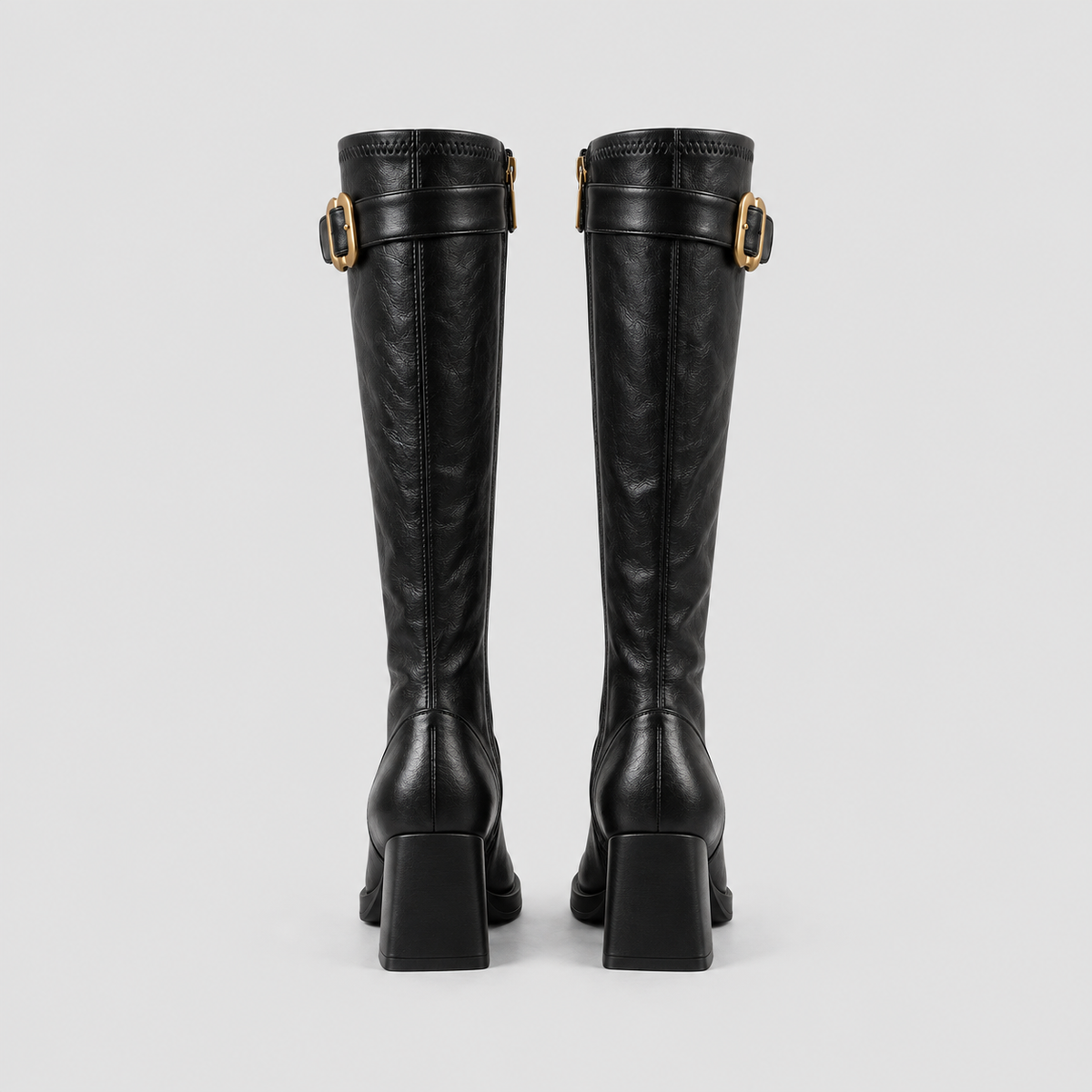 Square-Toe Buckle Knee-High Boots in black - product view