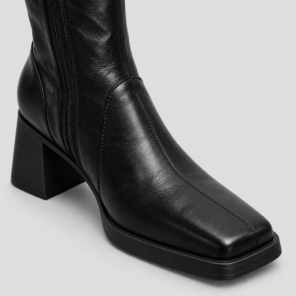 Square-Toe Buckle Knee-High Boots in black - product view