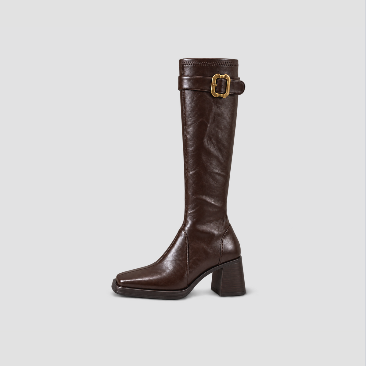 Square-Toe Buckle Knee-High Boots in brown - product view