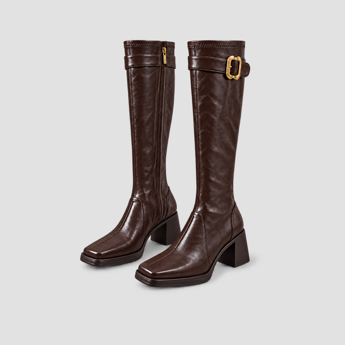 Square-Toe Buckle Knee-High Boots in brown - product view
