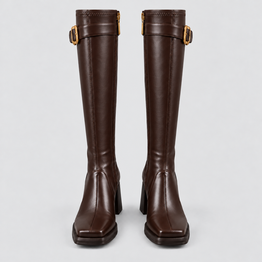 Square-Toe Buckle Knee-High Boots in brown - product view