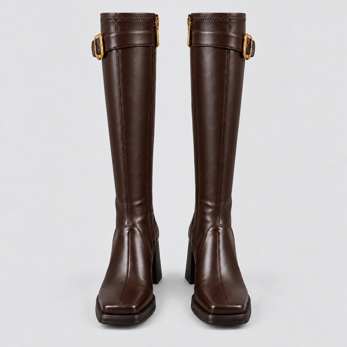 Square-Toe Buckle Knee-High Boots in brown - product view