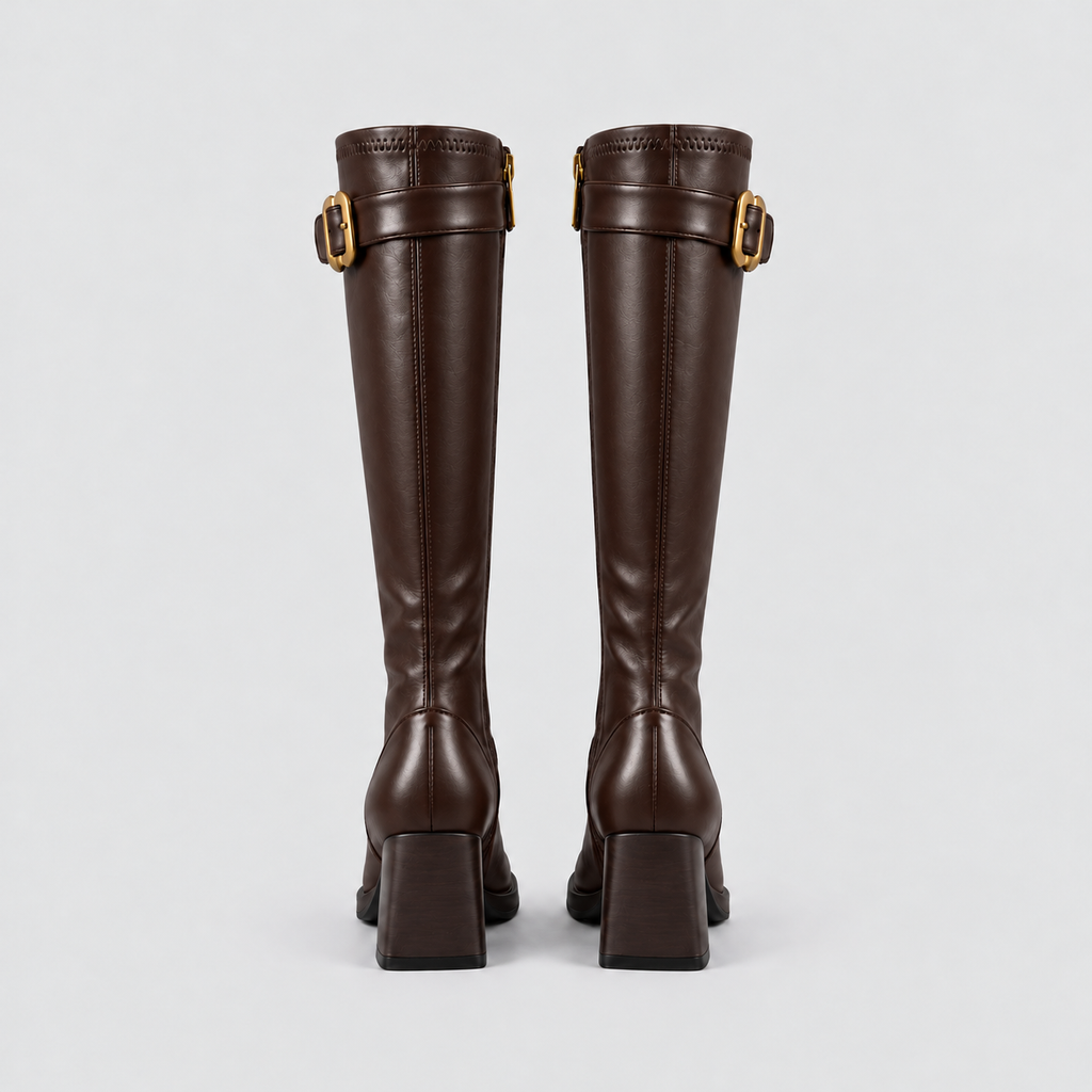 Square-Toe Buckle Knee-High Boots in brown - product view