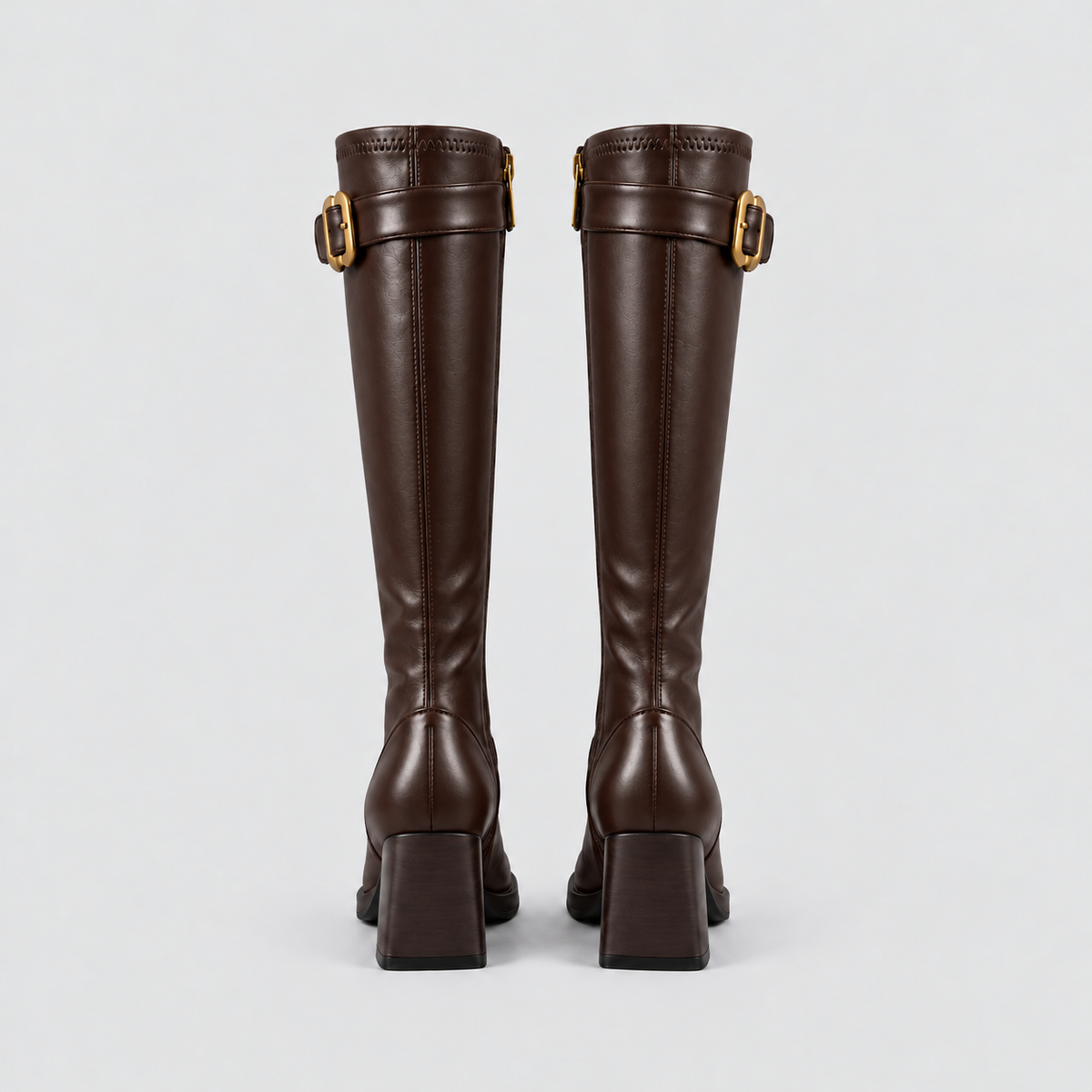 Square-Toe Buckle Knee-High Boots in brown - product view