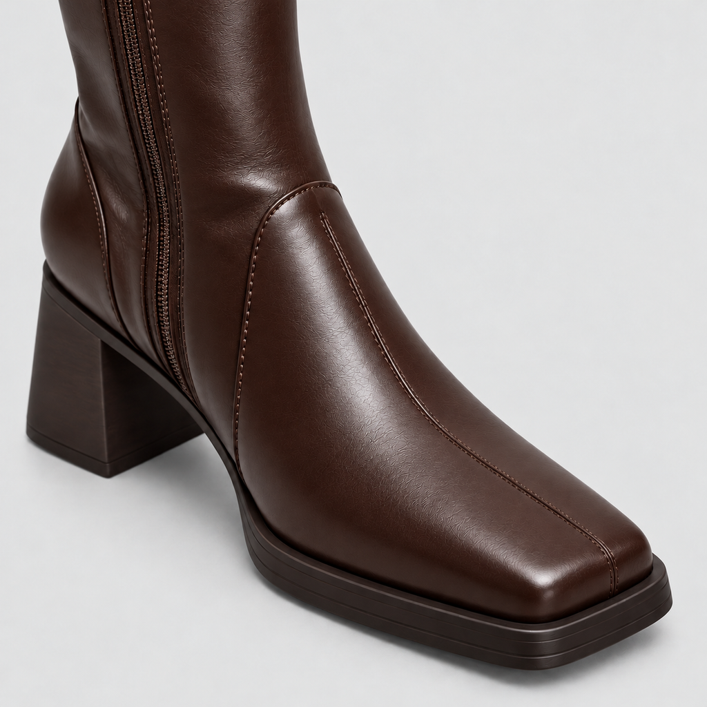 Square-Toe Buckle Knee-High Boots in brown - product view