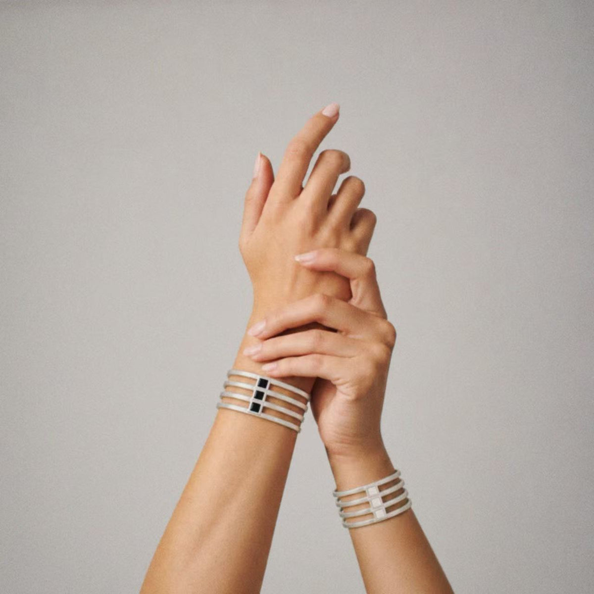 Model wearing Lil Cacti Strata Wide Cuff Bracelet, close crop on the detail