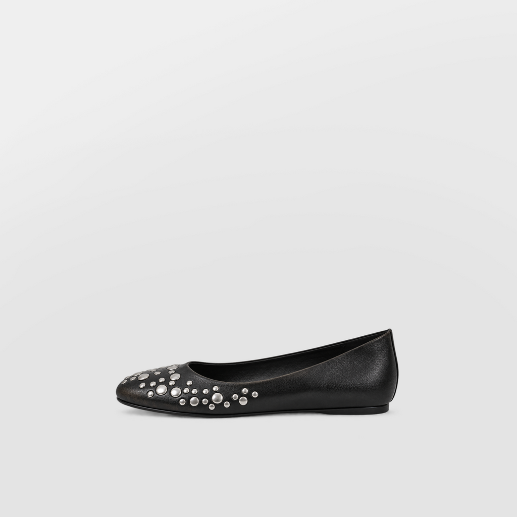 Side view of a single Lil Cacti black studded ballet flat with silver-tone studs