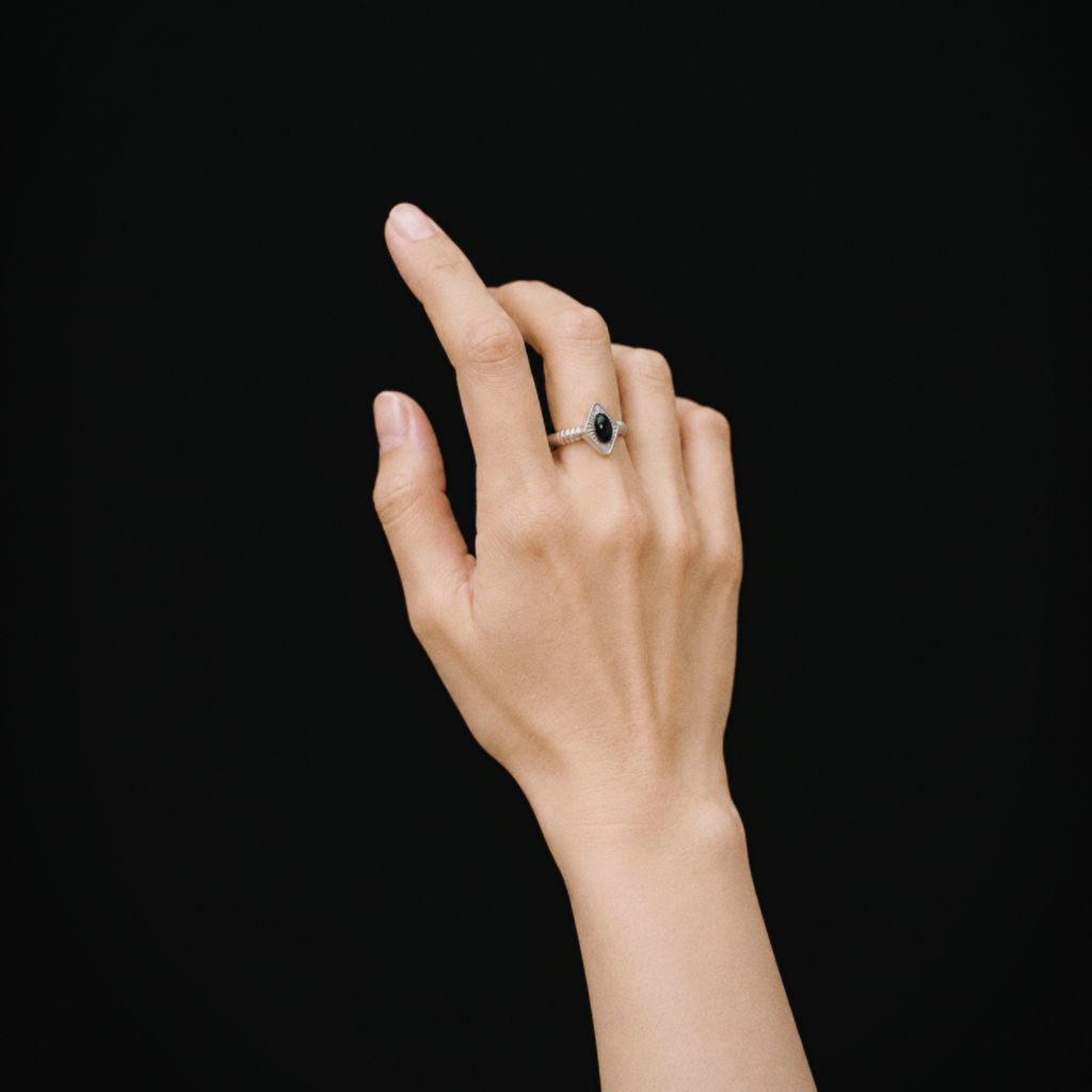 Model wearing Lil Cacti Art Deco adjustable ring in a close detail view