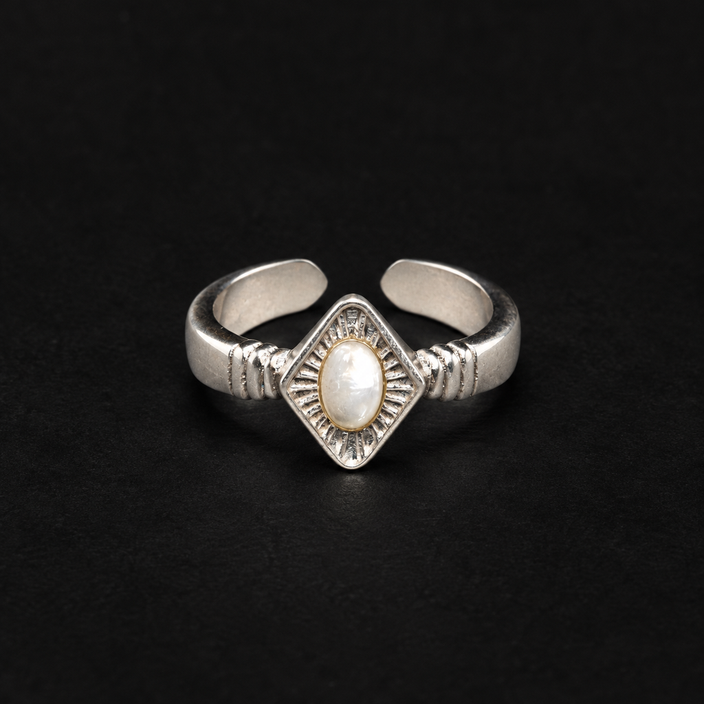 Lil Cacti Art Deco adjustable ring showing shape and finish on dark background