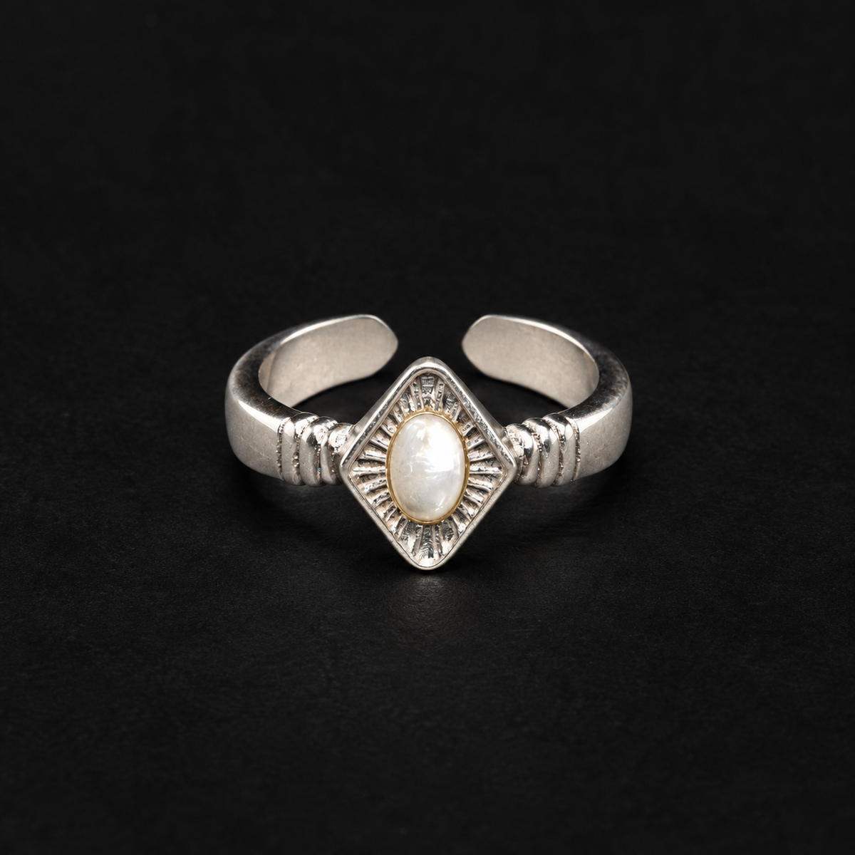 Lil Cacti Art Deco adjustable ring showing shape and finish on dark background