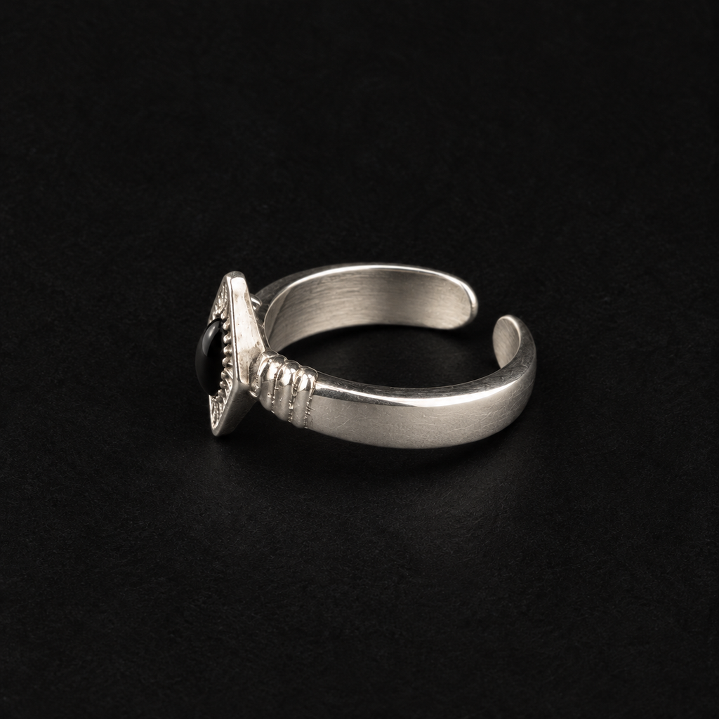 Lil Cacti Art Deco adjustable ring showing shape and finish on dark background