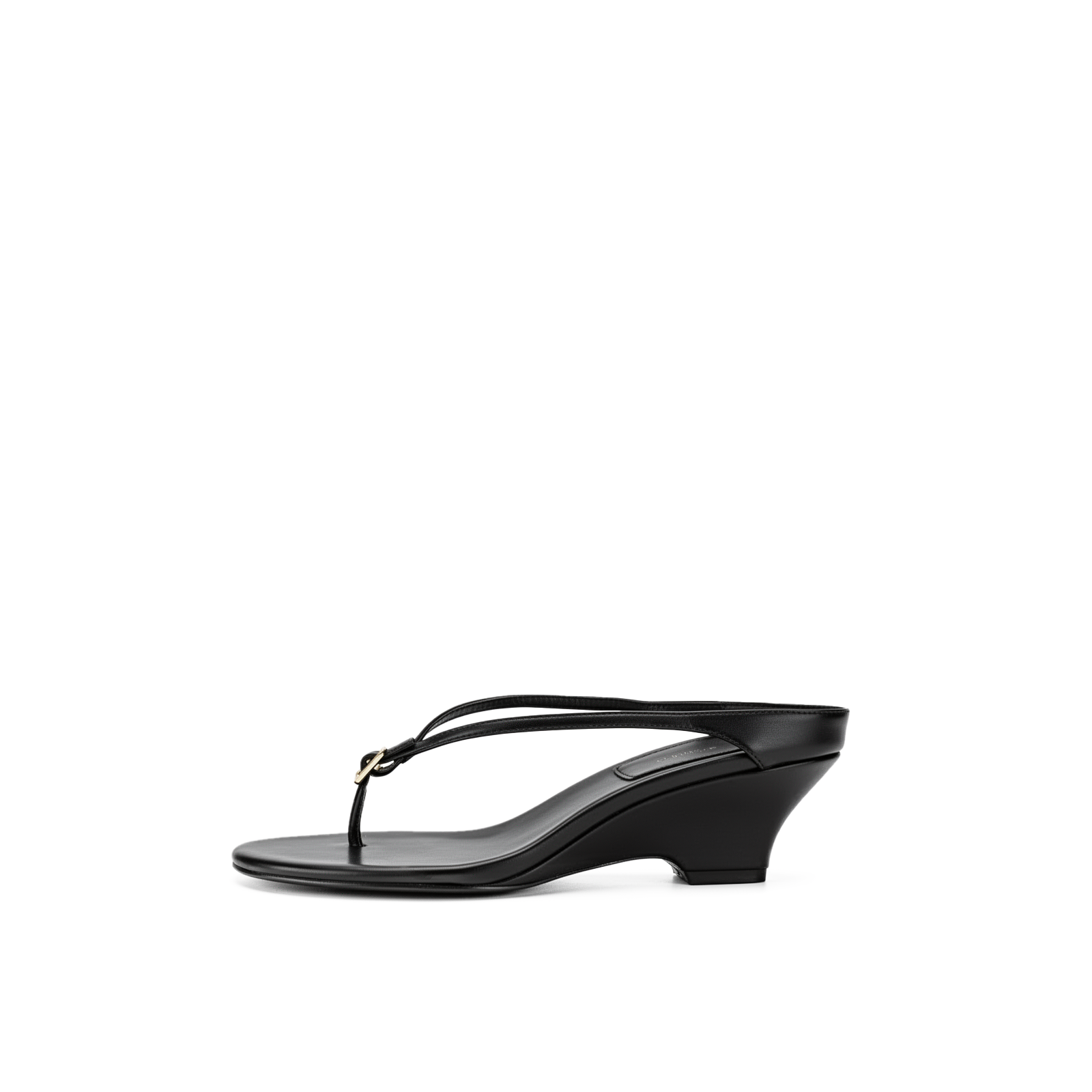 Suri black leather wedge thong sandals with slim double strap by Lil Cacti, side profile view