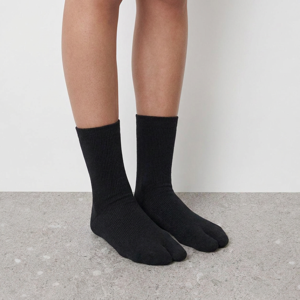 Mid Calf Tabi Socks by Lil Cacti — black pair on model, standing three-quarter view with cuffs sitting above the ankle