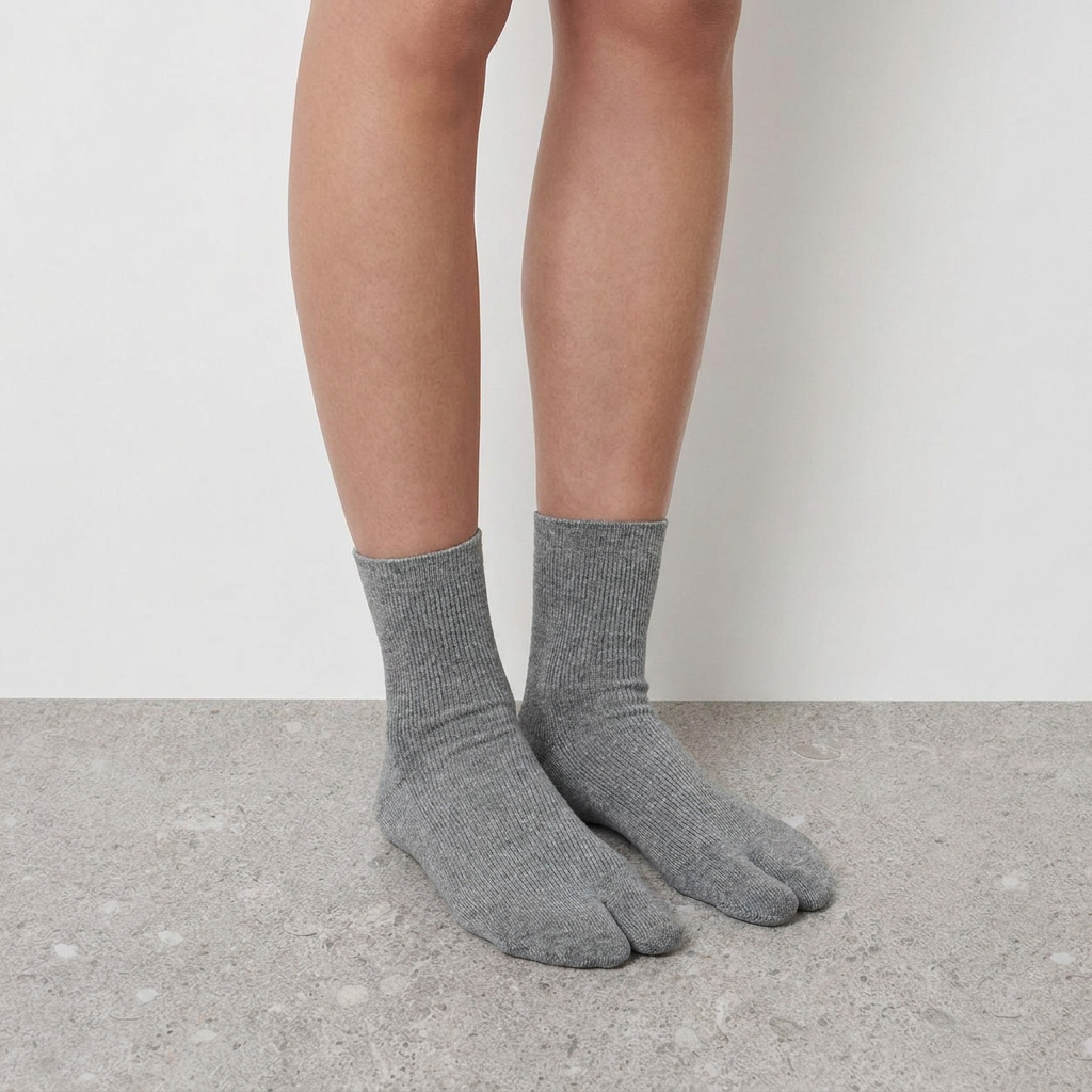 Mid Calf Tabi Socks by Lil Cacti — heather gray pair on model, front view showing the split toe and ribbed cuff