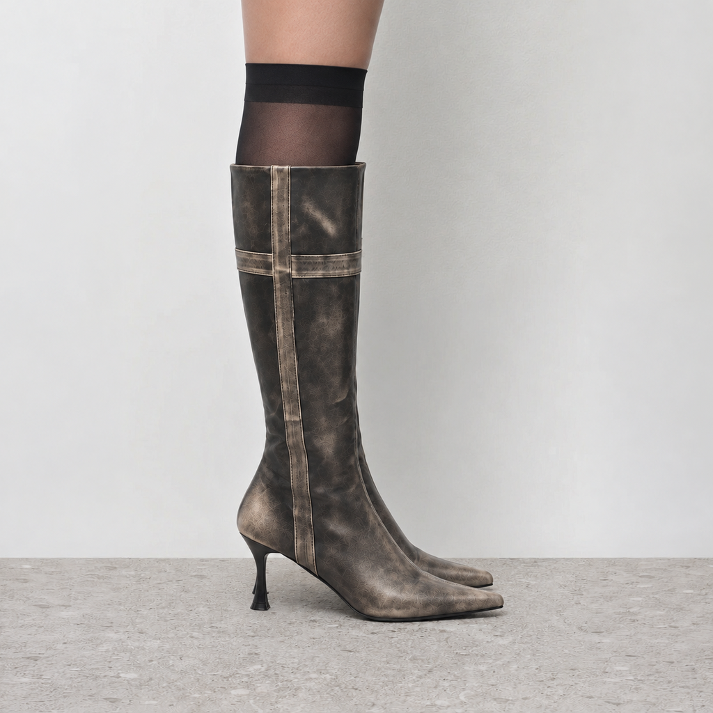 Lil Cacti Tamsin black distressed pointed tall boots model view one