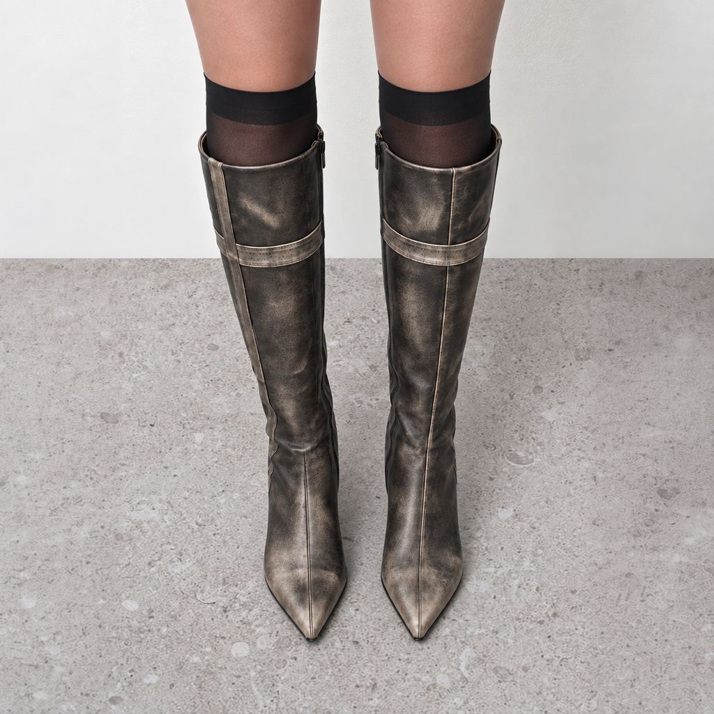Lil Cacti Tamsin black distressed pointed tall boots model view three