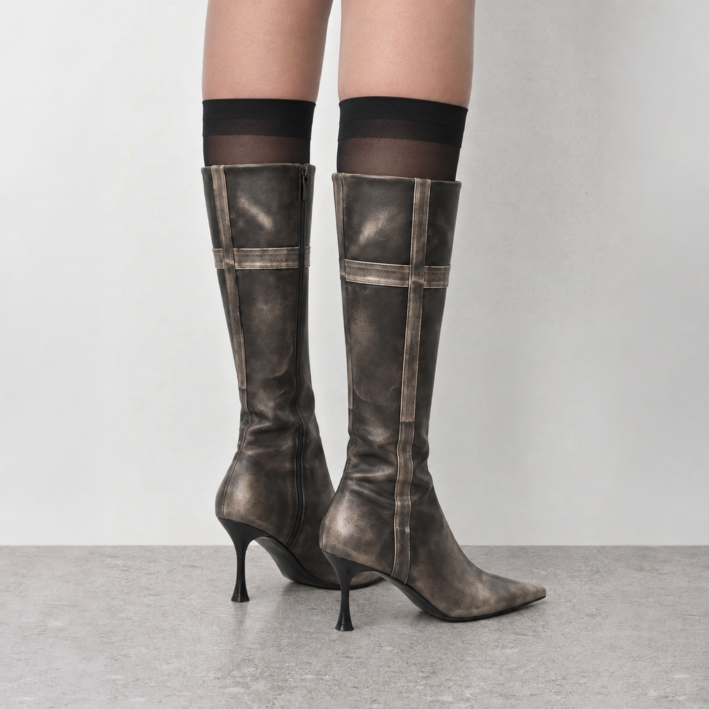 Lil Cacti Tamsin black distressed pointed tall boots model view four