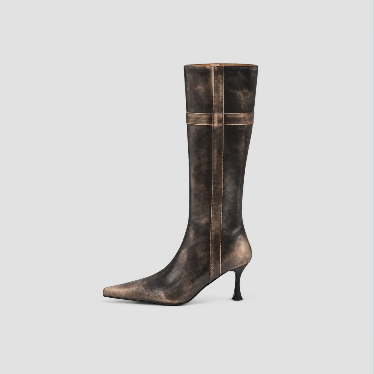 Lil Cacti Tamsin black distressed pointed tall boots single-boot side view