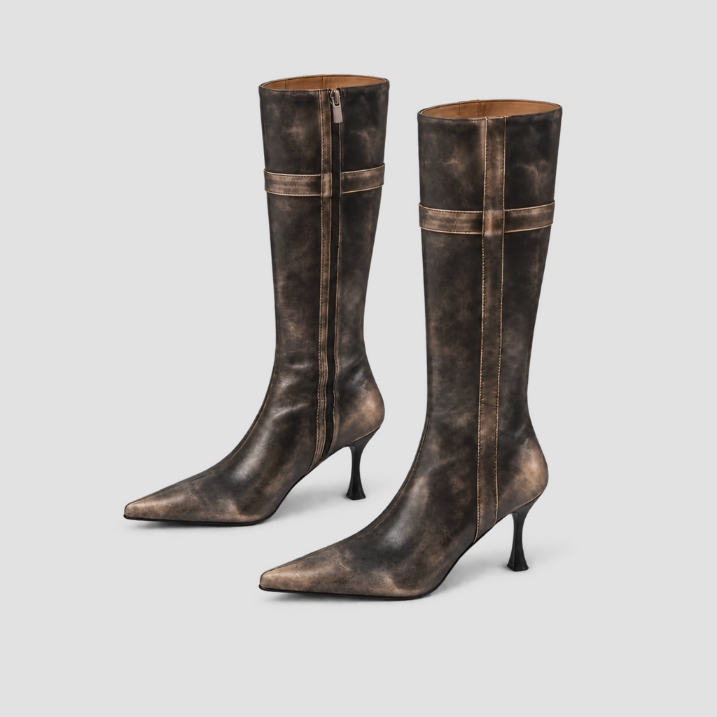 Lil Cacti Tamsin black distressed pointed tall boots angled pair view