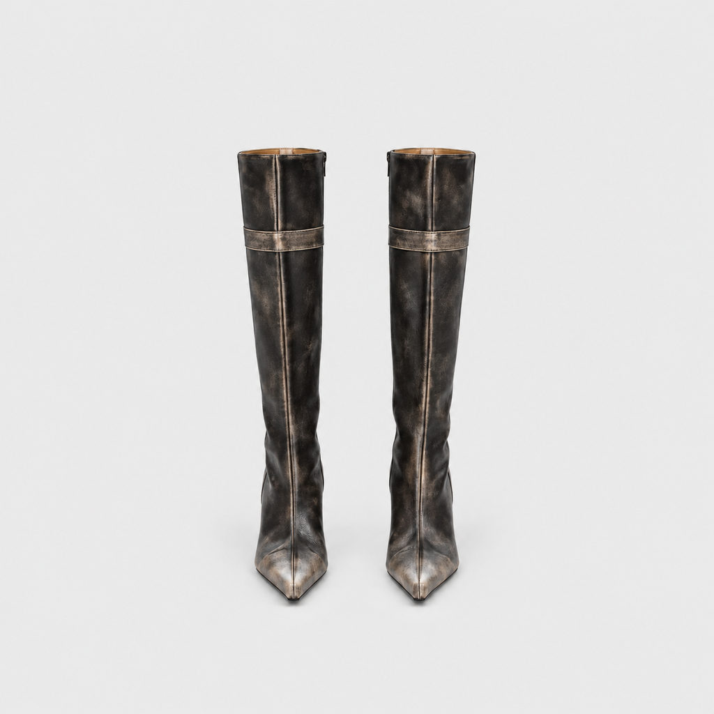 Lil Cacti Tamsin black distressed pointed tall boots pair front view