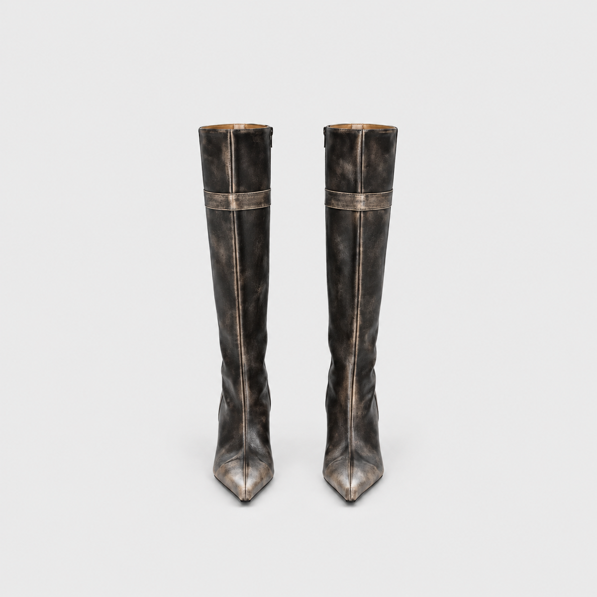 Lil Cacti Tamsin black distressed pointed tall boots pair front view